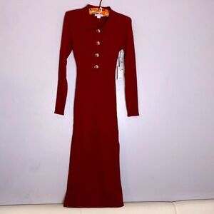 GOOD AMERICAN Long Sleeve Ribbed Midi Dress Brick Red small / medium new w tags